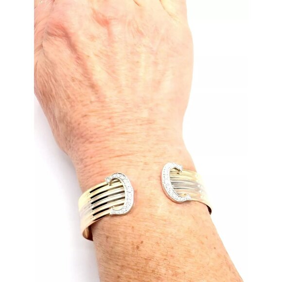 Authentic! Cartier 18k Tri-Color Gold Diamond Double C Wide Cuff Bangle Bracelet - Picture 9 of 10